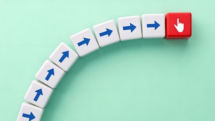 White cubes with blue arrows and red block with hand cursor – Workflow interruption, standout action, process deviation, strategic pivot, decision point, abstract navigation concept