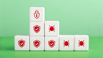 Cybersecurity pyramid with padlock, shields, and bug icons – Threat hierarchy, digital protection layers, malware risk, system defense strategy, IT security concept, abstract tech illustration
