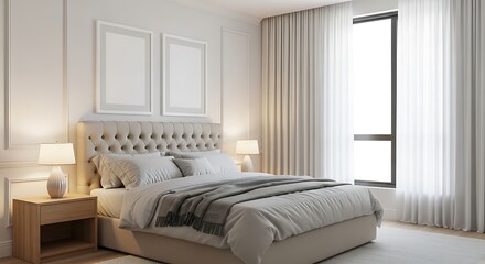 Bright and airy bedroom interior with a large bed, bedside tables with lamps, white curtains, and two blank picture frames on the wall.