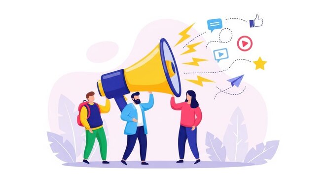 A diverse group of people enthusiastically use a large megaphone to broadcast messages and social media icons into the air