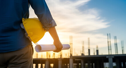 Construction worker holding a hard hat and blueprints on a construction site against a sunny sky.