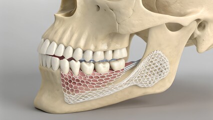 Lower jaw with mesh implant integrated into bone – Mandibular reconstruction, dental surgery, jaw implant procedure, oral anatomy, medical technology, maxillofacial illustration