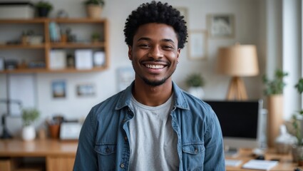 Smiling cheerful young adult african american ethnicity man in casual attire looking at camera standing at home office background. Happy confident black guy headshot face front close up portrait