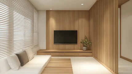 Minimalist wooden living room with TV