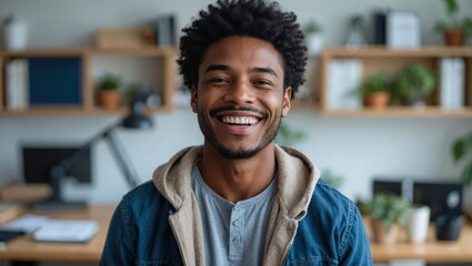 Fototapeta premium Smiling cheerful young adult african american ethnicity man in casual attire looking at camera standing at home office background. Happy confident black guy headshot face front close up portrait
