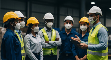 A group of diverse workers in safety gear and masks having a discussion in a warehouse.