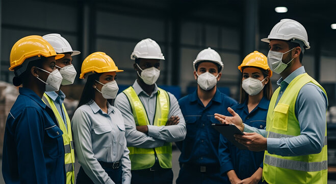 A group of diverse workers in safety gear and masks having a discussion in a warehouse.