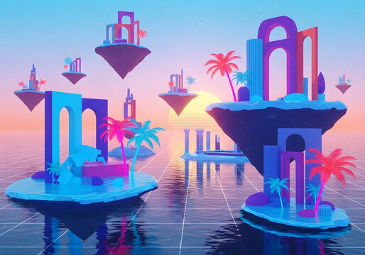 Retro Futurism Floating Islands Sunset