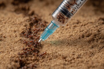 Close-Up View of Ants Interacting with Syringe in Sandy Terrain, Capturing Nature's Tiny Creatures and Their Behavior