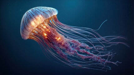 Ethereal Jellyfish in the Deep Blue: A vibrant jellyfish floats gracefully through the vast ocean, its translucent bell and trailing tentacles illuminated by the soft light.