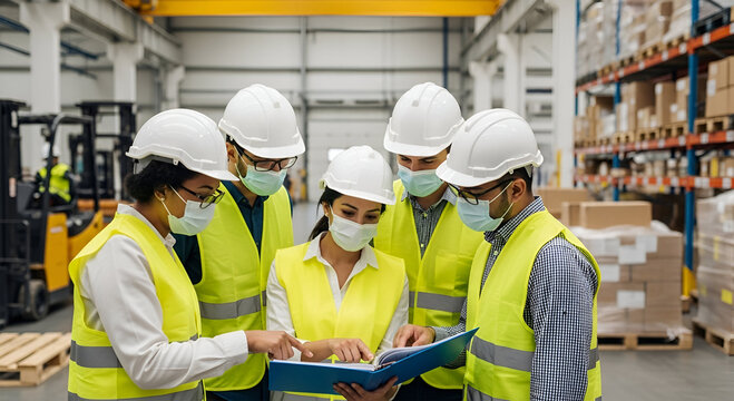A group of warehouse workers wearing masks and hard hats review documents together in a warehouse setting. - Powered by Adobe