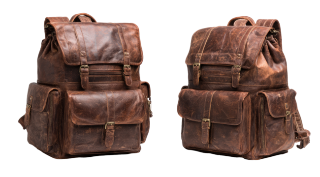 Two brown leather backpacks, side-by-side view.  Each features multiple compartments and buckles.  The leather has a slightly distressed, aged appearance