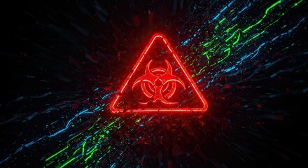 Striking biohazard warning symbol glows with vibrant red neon energy against a dark, abstract background exploding with colorful shards and light streaks, signifying danger and urgency.