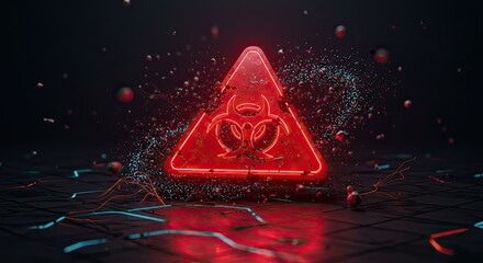 Vibrant neon biohazard symbol glows ominously amidst a dark, futuristic backdrop with scattered particles and glowing digital lines, evoking danger and alerts