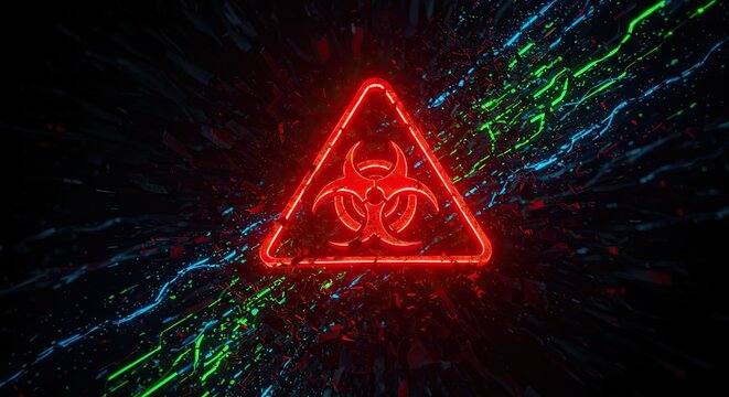 Striking biohazard warning symbol glows with vibrant red neon energy against a dark, abstract background exploding with colorful shards and light streaks, signifying danger and urgency.