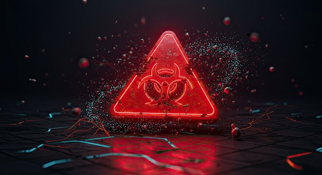Vibrant neon biohazard symbol glows ominously amidst a dark, futuristic backdrop with scattered particles and glowing digital lines, evoking danger and alerts - Powered by Adobe