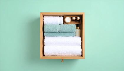 Neat Drawer Fresh Bath Towels and Minimalist Accessories on Pastel Background for serene spa experience.