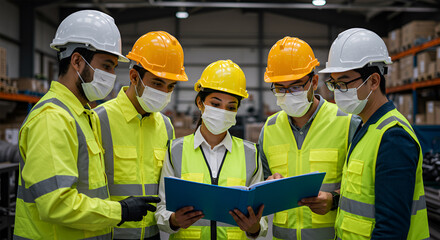 Diverse factory workers in safety gear, gathered around a document, likely discussing a project or instructions.