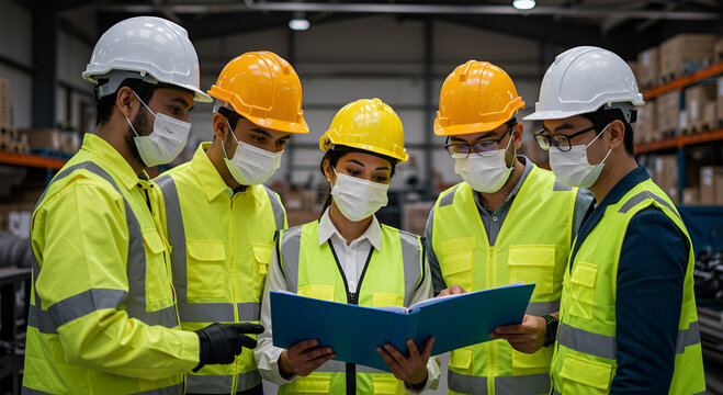 Diverse factory workers in safety gear, gathered around a document, likely discussing a project or instructions.