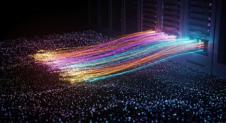 Vibrant data streams flow into glowing server racks, symbolizing digital connection and high-speed information transfer in a modern data center environment