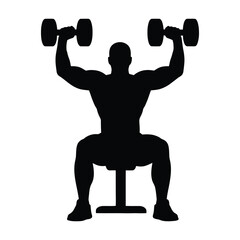 Muscular bodybuilder black silhouette lifting dumbbells on a bench, a symbol of strength and fitness.

