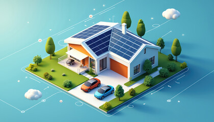 Modern smart house with solar panels on roof, automated shading. Two electric cars parked in driveway. Illustration emphasizes green energy solutions, eco-friendly living, advanced home automation