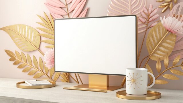 Desktop scene with floral elements background imge for mock up design