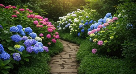 Curved stone path winds through vibrant hydrangea garden, filled with pink, blue, white, and purple blooms