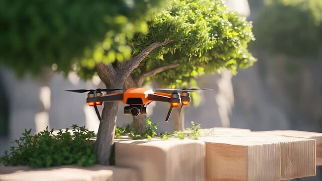 Small orange drone hovers above miniature wooden platforms nestled amongst stylized trees