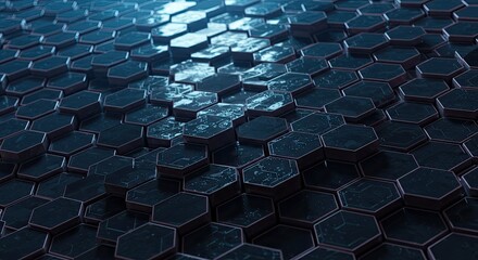 Fototapeta premium Dynamic dark blue hexagonal pattern with subtle glowing circuit lines creating a futuristic digital technology backdrop