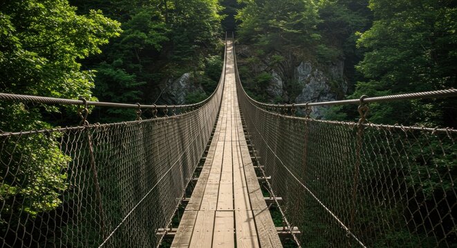 A long, sturdy wooden suspension bridge stretches between lush green forests and rocky crags
