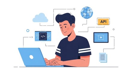A young male developer is working on a laptop surrounded by icons representing cloud computing api integration and web development