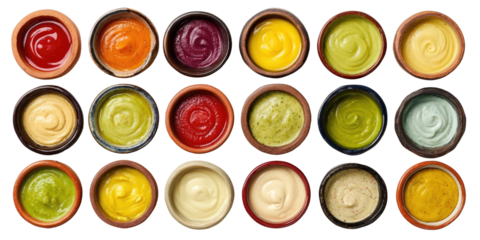 Assorted colorful dips or sauces in small, terracotta-colored bowls