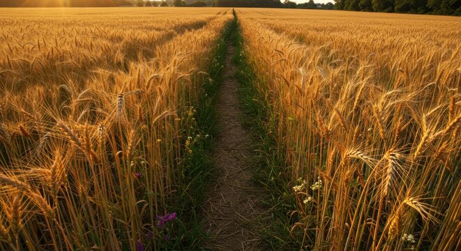 Golden field of wheat with a narrow path stretching to the horizon, bathed in the warm light of the setting sun