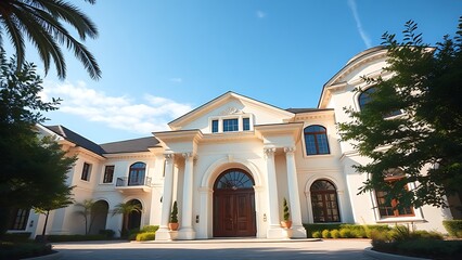 Fototapeta premium Elegant residence entrance with architectural details under a clear blue sky, exuding luxury.