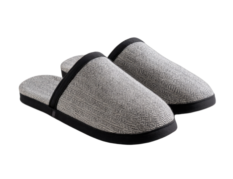 Light gray herringbone-patterned house slippers with black trim