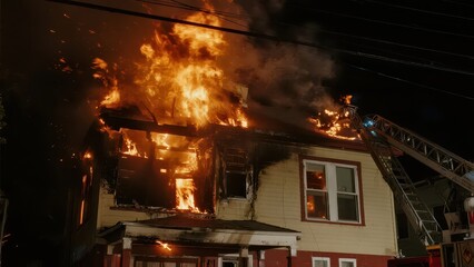 At night, a house is on fire with raging flames. The ladder of a fire truck extends to the fire scene. The fire and thick smoke are particularly striking in the dark night, presenting a tense fire res