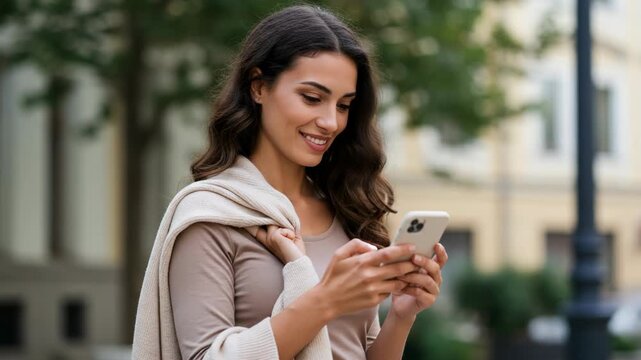 A beautiful young woman with dark wavy hair smiles as she looks at her smartphone while holding a shawl over her shoulder outdoors in a city