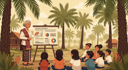 Illustrated Classroom Scene with Teacher and Students Amidst Palm Trees