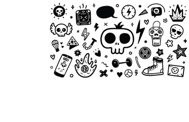 Hand Drawn Black Doodle Icons Skull, Stars, Lightning, Cartoon Elements on White Background