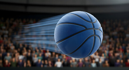 Dynamic High-Speed Basketball Action Capture Mid-Game With Blue Ball in Motion Over Excited Crowd in Packed Arena Best for Sports Photography