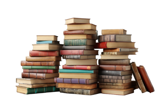 Stacks of antique books in various colors