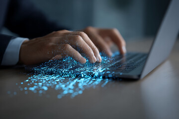 Businessman typing on laptop generating digital data stream