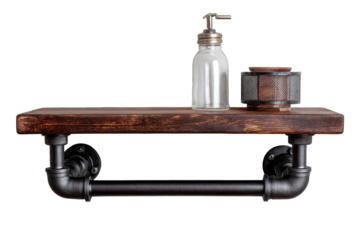 Rustic wooden shelf with black pipe supports