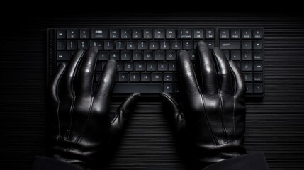 Digital Intrigue: Sleek black gloves hover over a modern keyboard, illuminated in the shadows, a visual metaphor for the clandestine world of hacking and cybercrime.