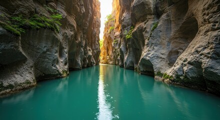 Aqua river flows through a narrow canyon with rocky cliffs towards light
