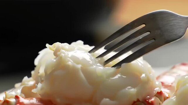 Close-up of cooked crab meat on a fork
