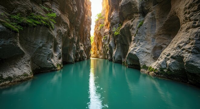 Aqua river flows through a narrow canyon with rocky cliffs towards light