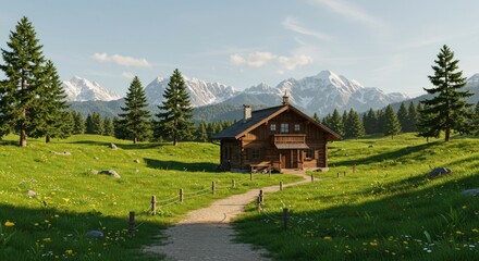 Cozy log cabin rests on a lush, green meadow amidst towering, snow-capped mountains