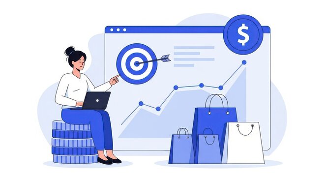 A woman with a laptop sits on coins pointing at a graph with a target and shopping bags symbolizing business growth and sales - Powered by Adobe